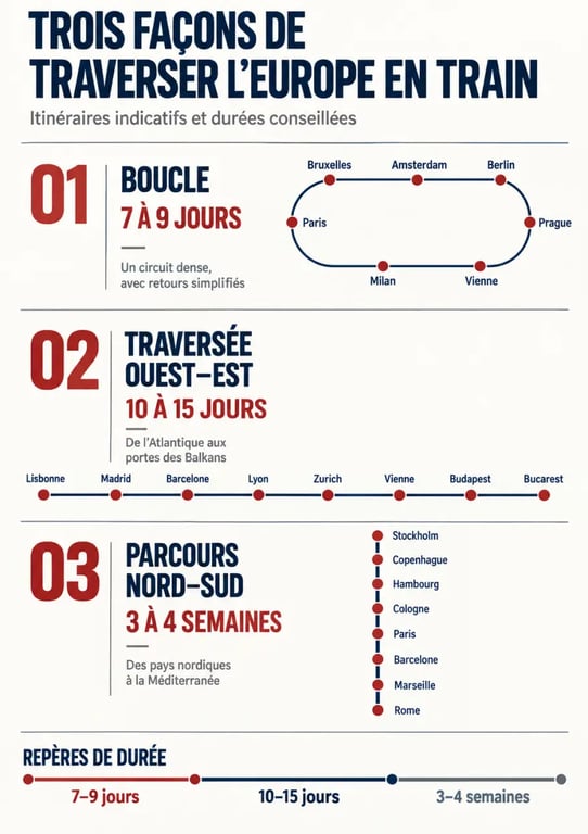 Infographie pour préparer un tour d’Europe en train selon la durée et l’itinéraire