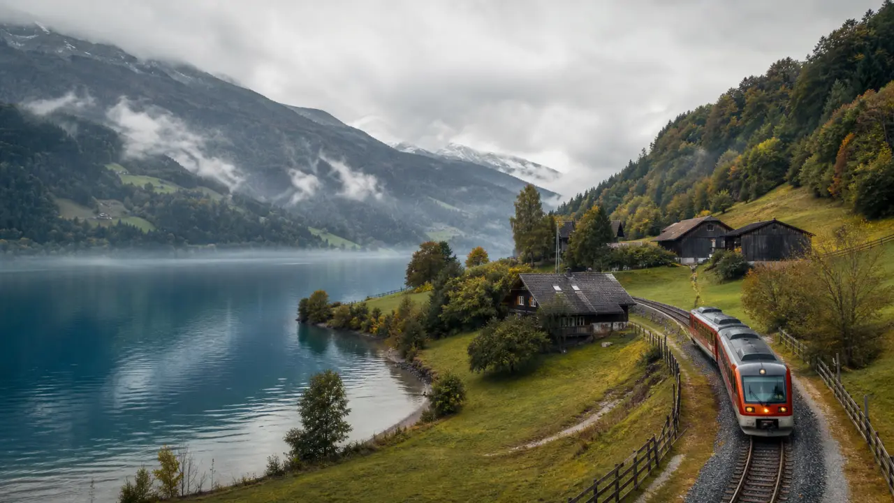 Paysage de Carinthie avec une ferme de pierre, des lacs alpins et des collines verdoyantes à l'heure dorée