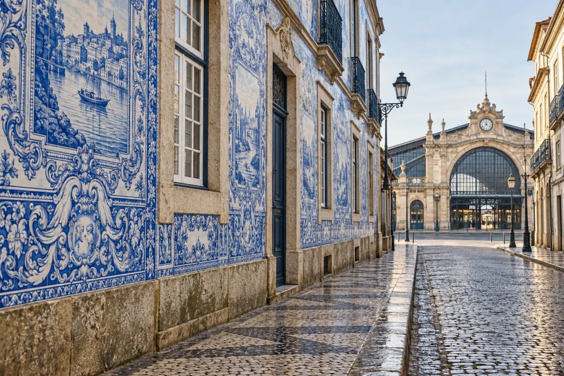 Azulejos et architecture emblématique de la culture portugaise dans une rue pavée