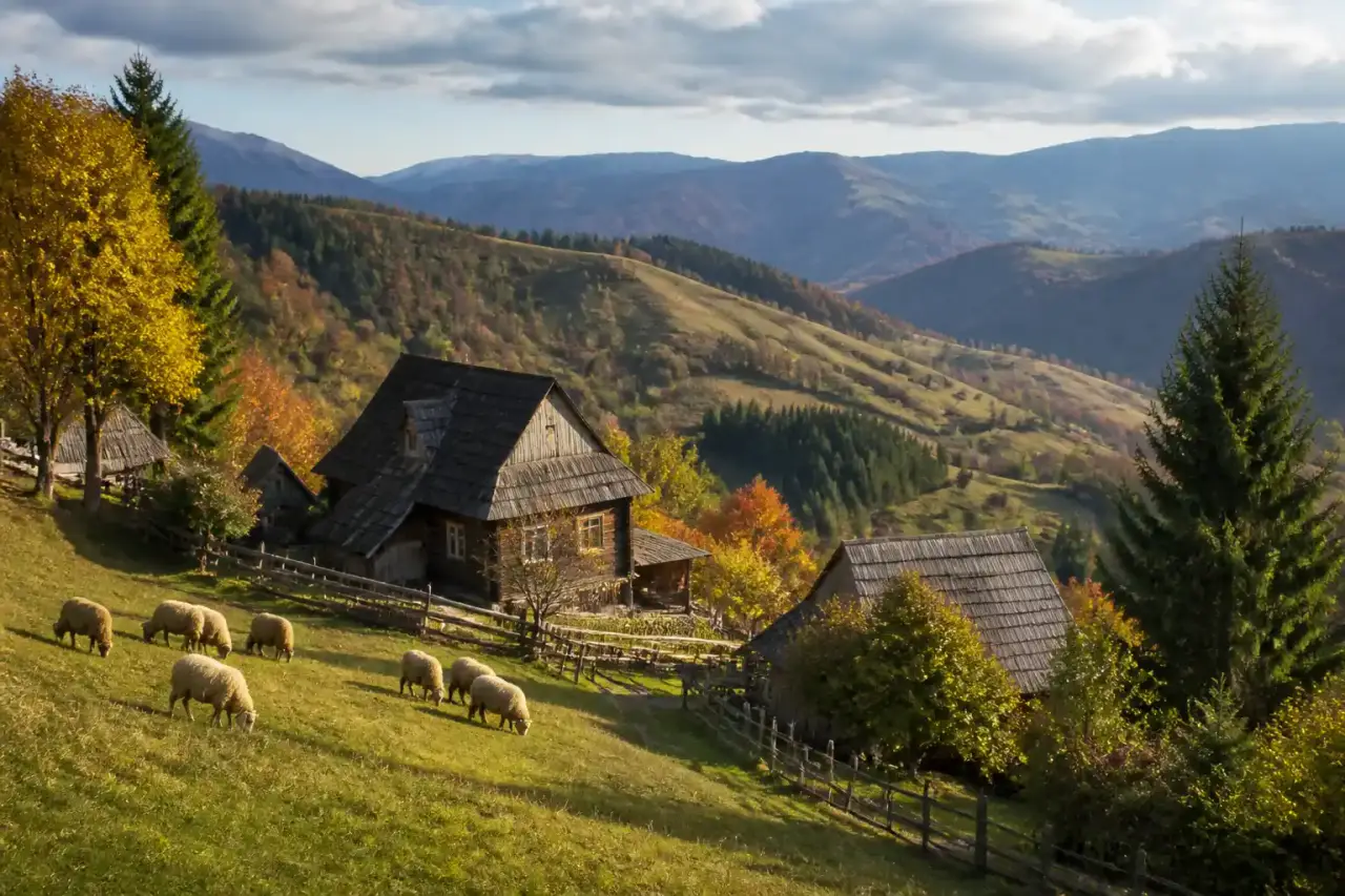 Paysage rural des Carpates à l'heure dorée, avec ferme en pierre et collines verdoyantes