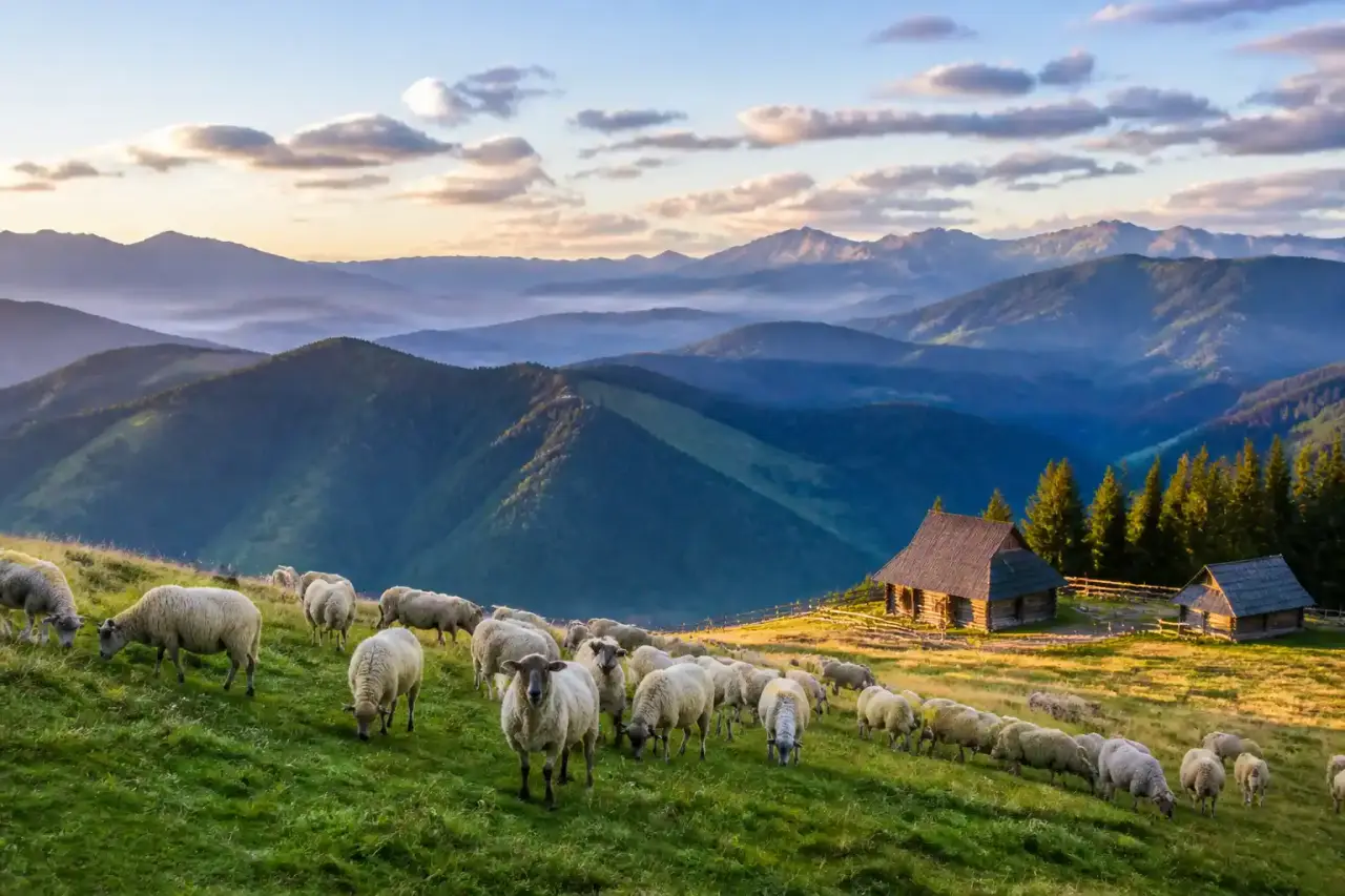 Alpages carpathiques au lever du jour, chalets de bois et crêtes couvertes de brume