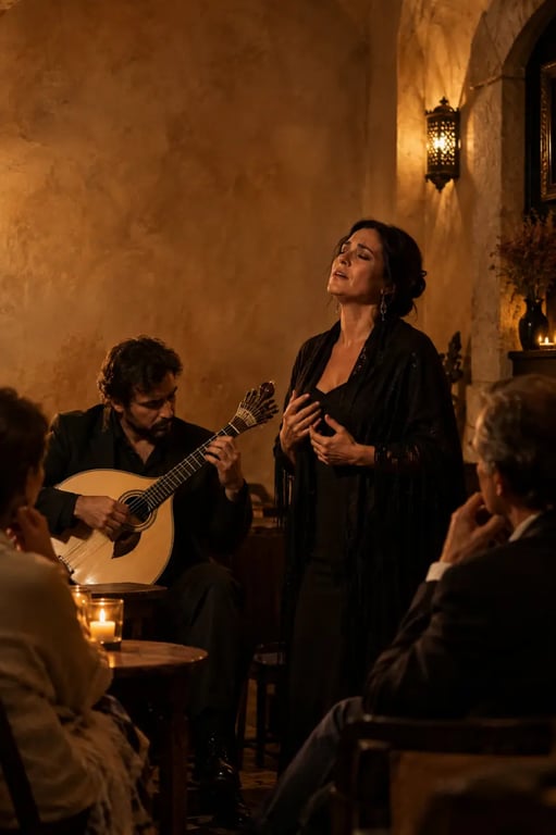 Chanteuse et guitariste lors d’une soirée de fado dans la culture portugaise
