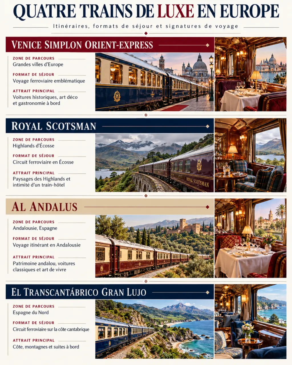 Infographie comparative des quatre principaux trains de luxe en Europe