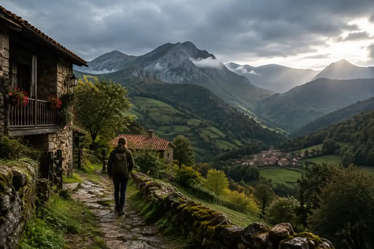 Paysage rural des Asturies avec une ferme en pierre, des collines verdoyantes et une lumière douce