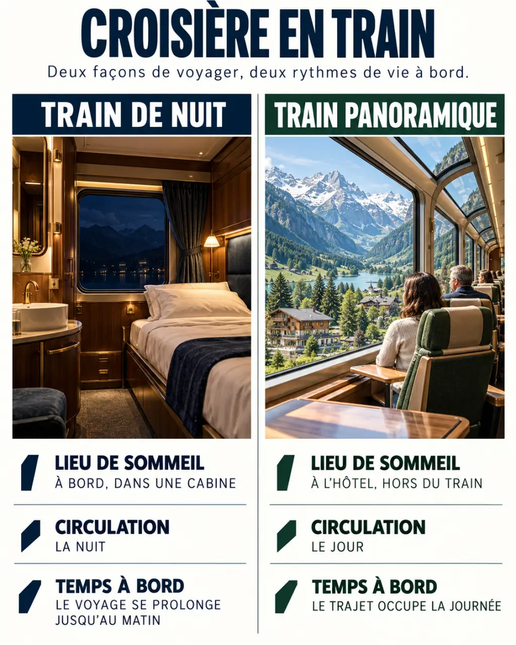 Infographie sur la croisière en train : différence entre train de luxe avec cabine et train panoramique de jour