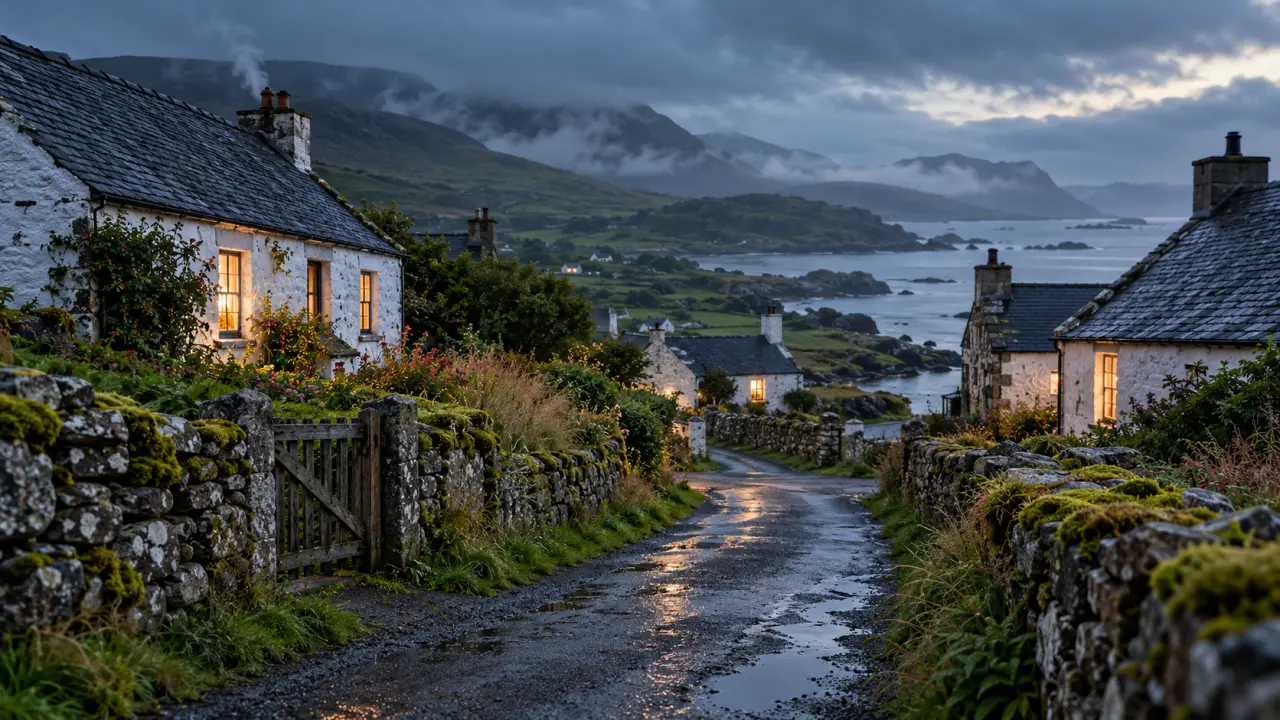 Village irlandais en pierre au bord d'une route entourée de collines verdoyantes