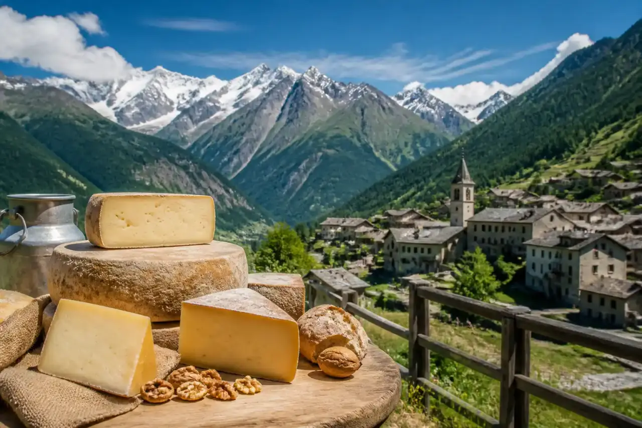 Paysage alpin du Val d’Aoste avec villages de pierre et pâturages