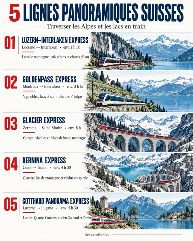 Infographie des lignes panoramiques pour un voyage train Suisse
