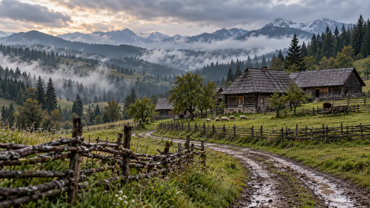 Ferme traditionnelle dans un paysage verdoyant des Carpates