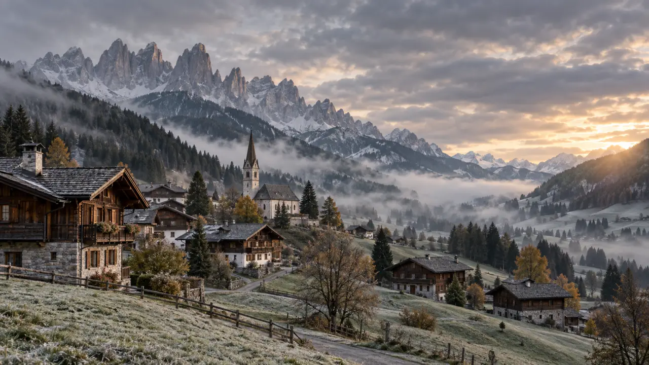 Village ladin entouré des montagnes des Dolomites dans le Haut-Adige