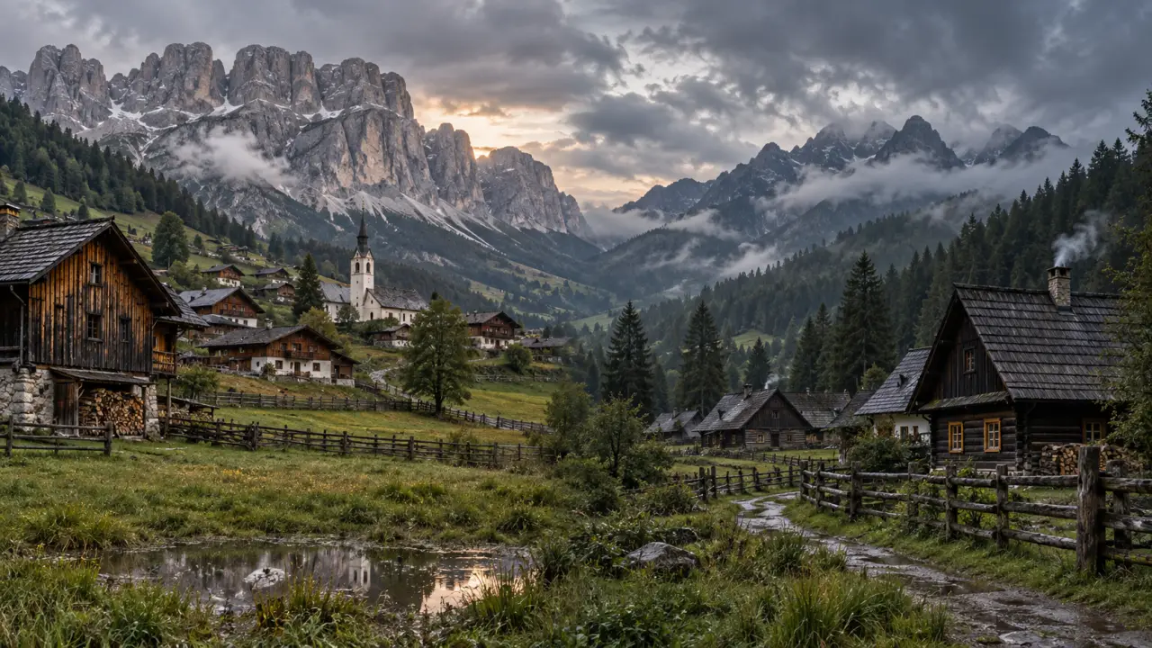 Village montagnard entre les reliefs des Dolomites et des Tatras