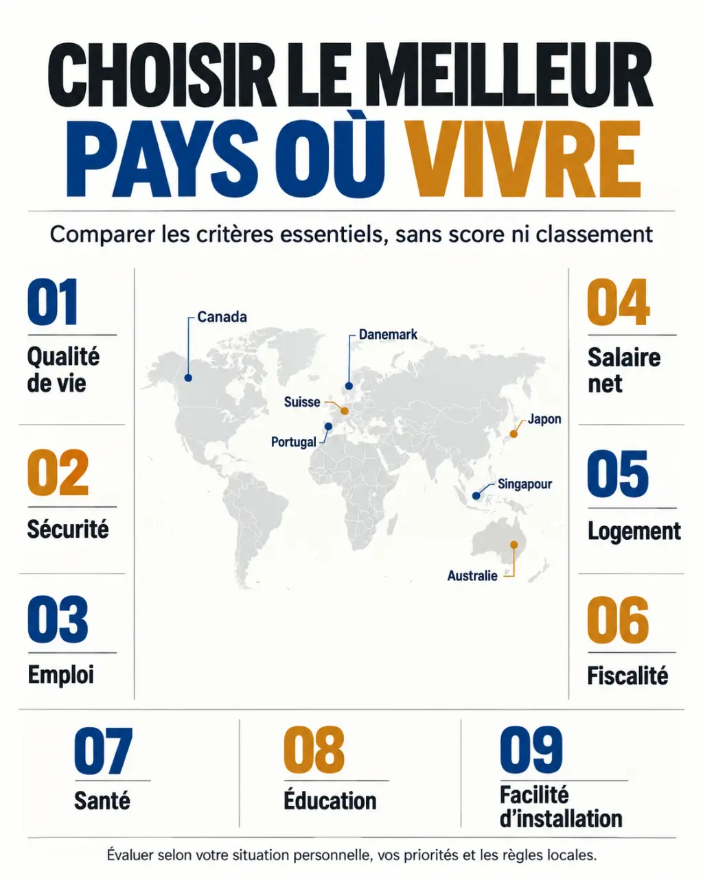 Infographie comparative pour choisir le meilleur pays pour vivre selon le coût de la vie, la sécurité, l'emploi et la fiscalité