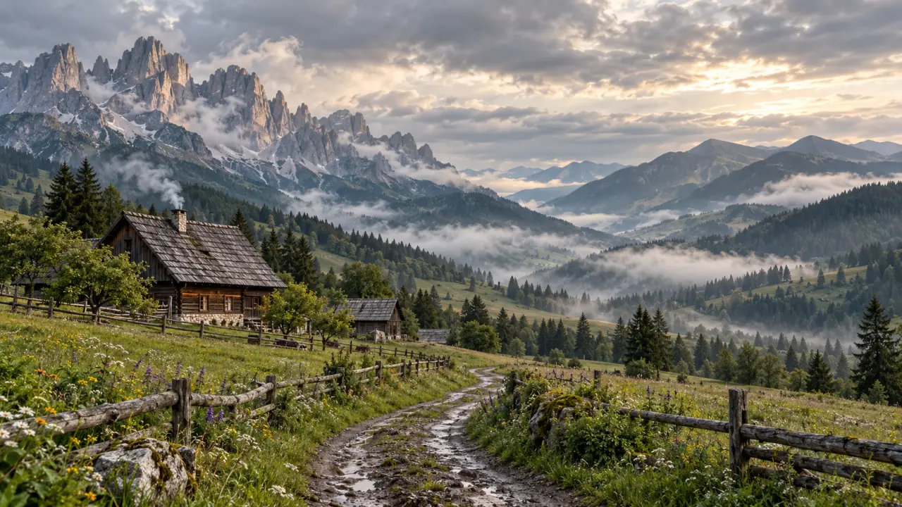 Paysage de montagne européen avec village et vallées verdoyantes