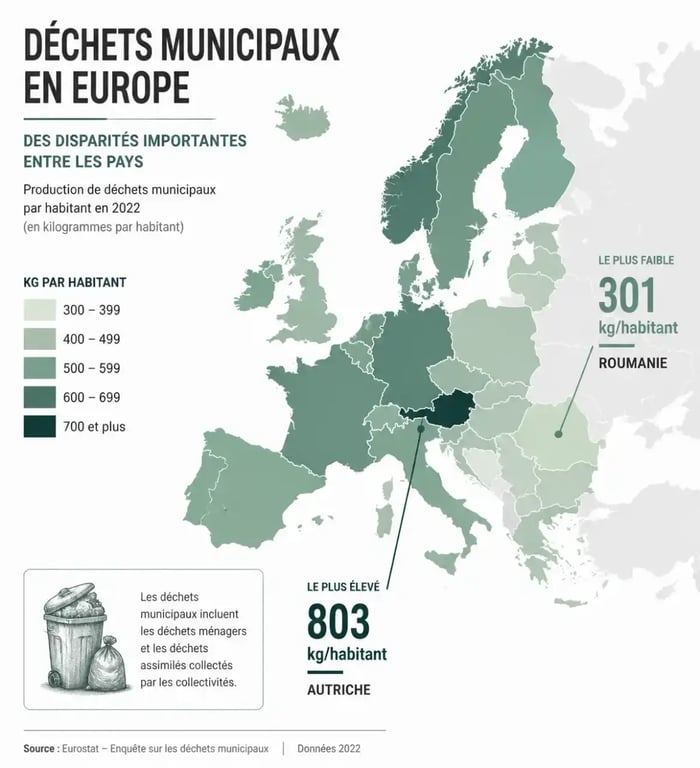 Carte Europe des disparités régionales de gestion des déchets par habitant