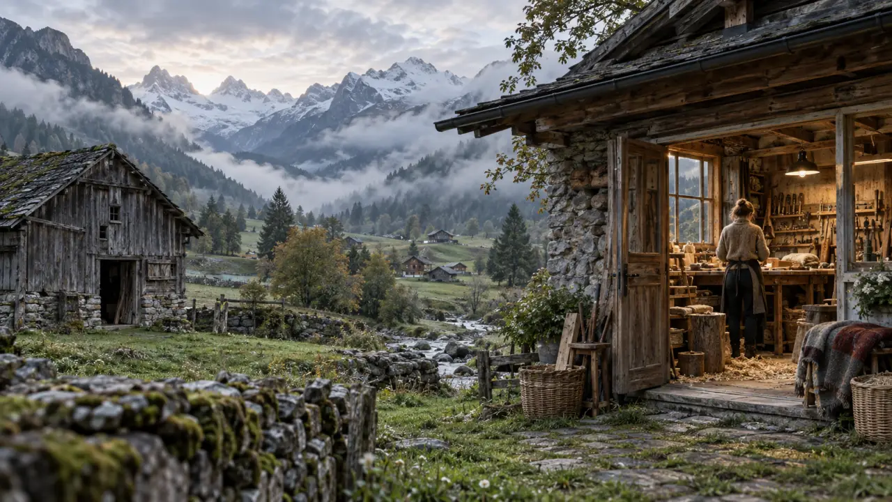 Village artisanal dans une vallée alpine entourée de montagnes verdoyantes