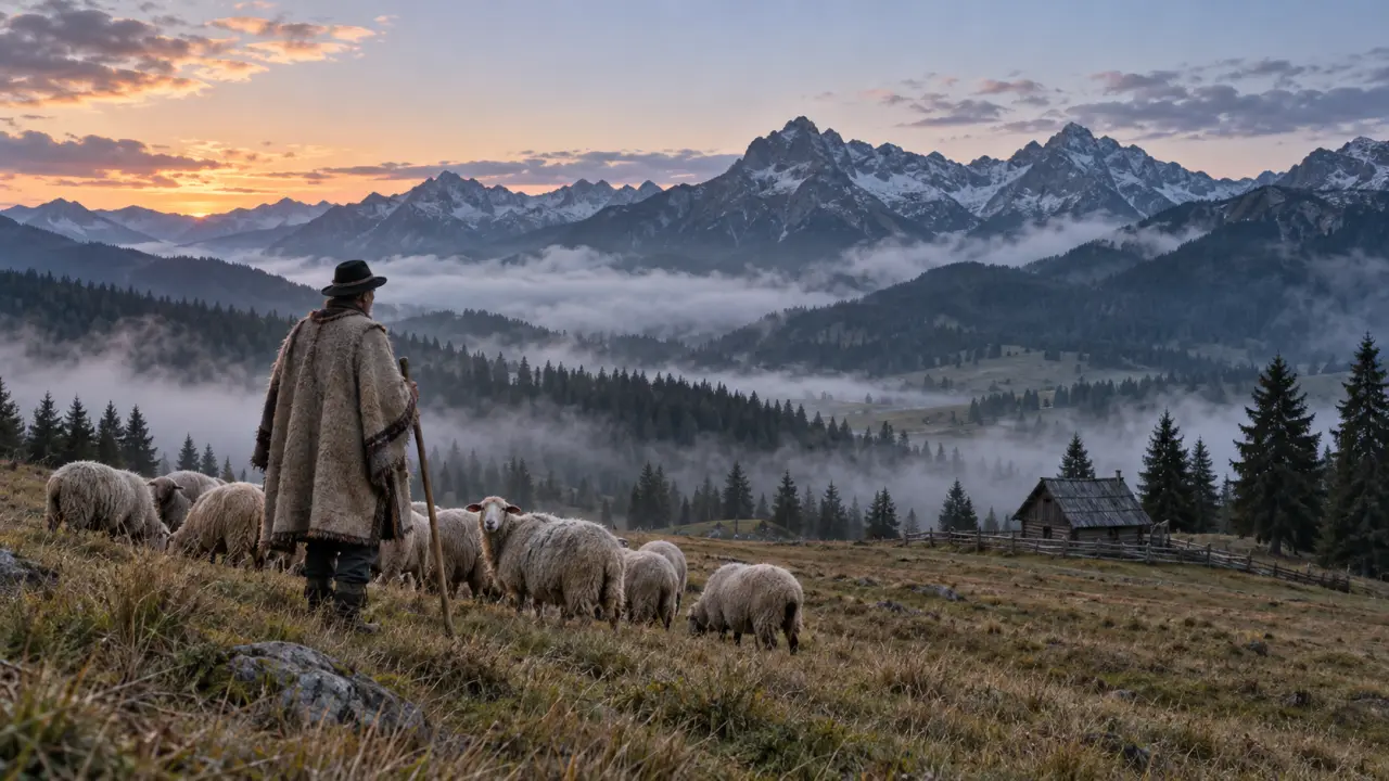 Bergers et troupeau dans les paysages montagneux du Haut-Tatras