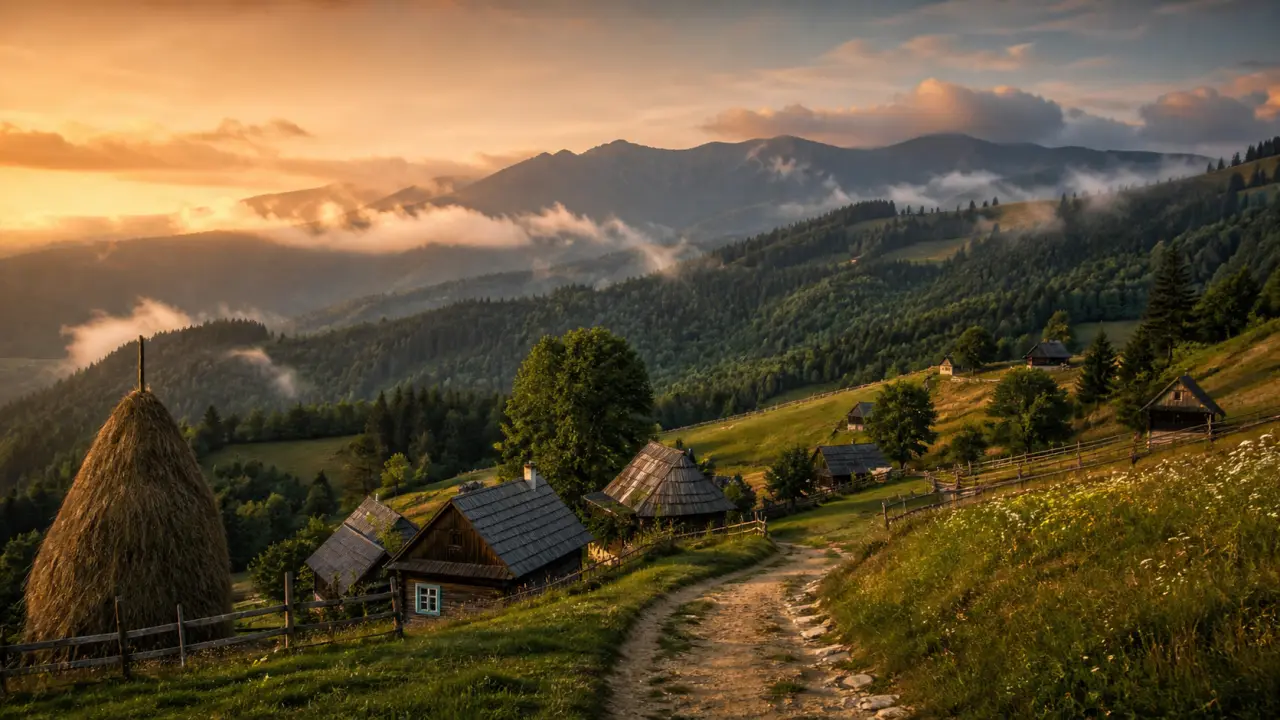 Paysage des Carpates roumaines avec village de montagne, prairies et forêts