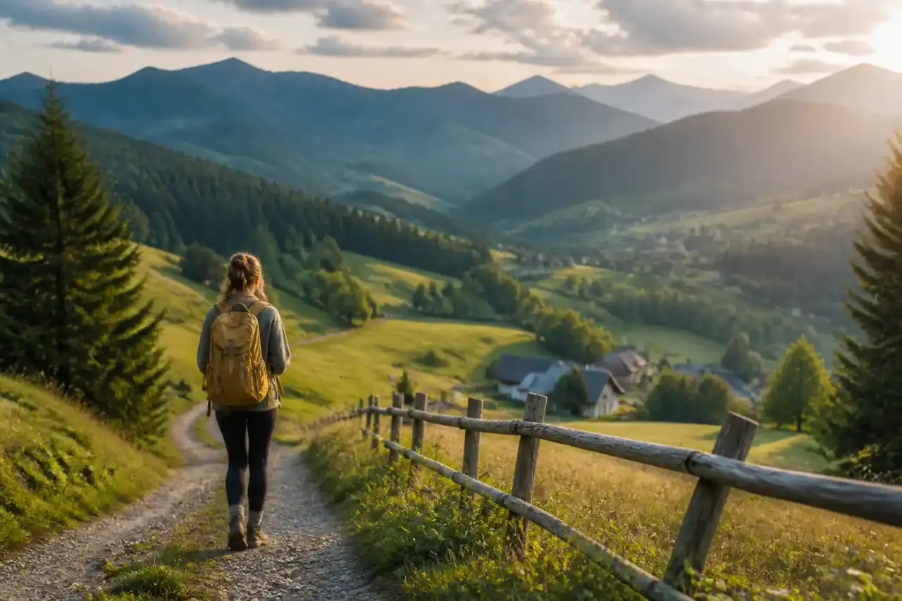 Paysage de campagne européenne à l'heure dorée, ferme en pierre et collines des Carpates