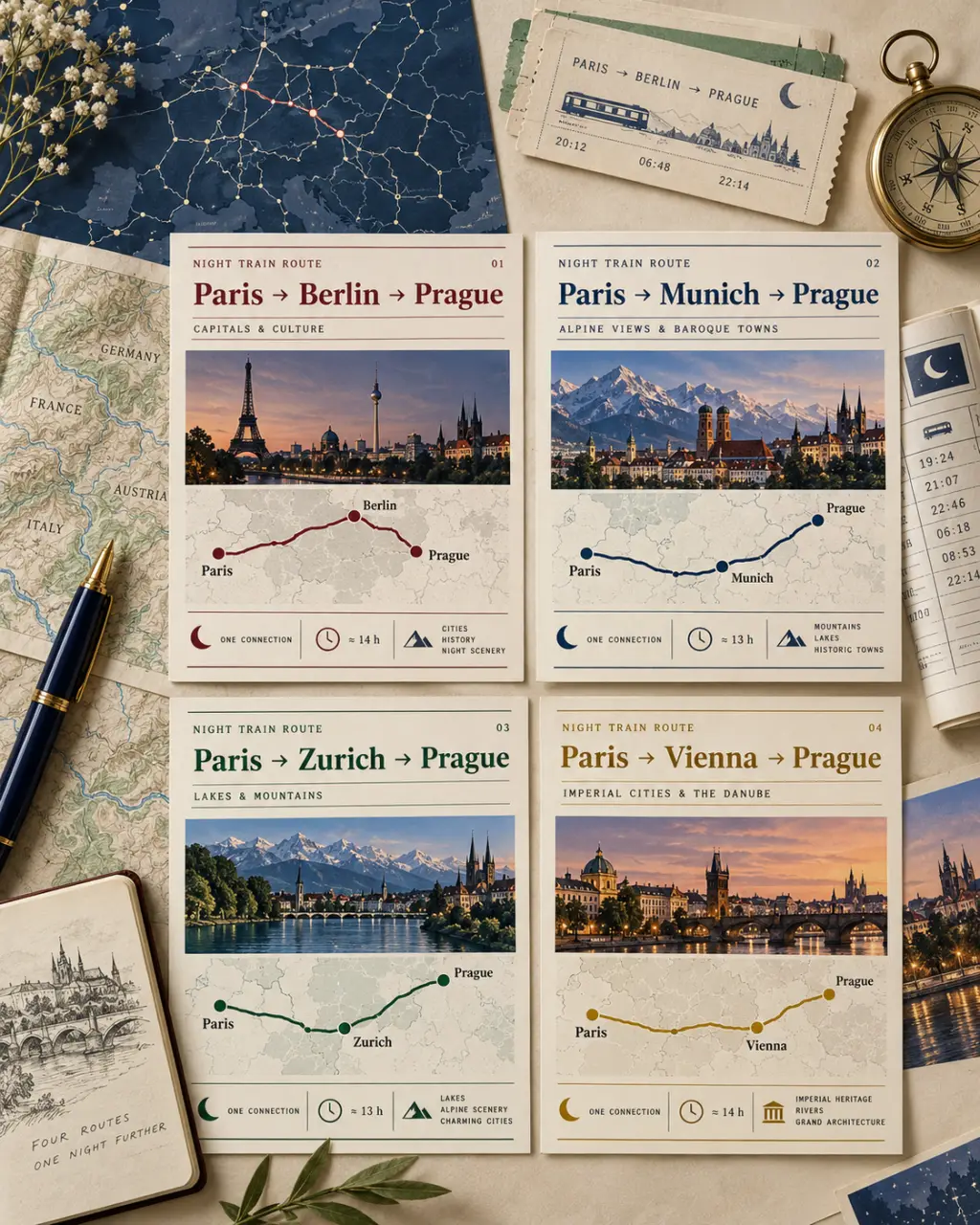 Paris-Prague en train de nuit : quatre itinéraires avec une correspondance