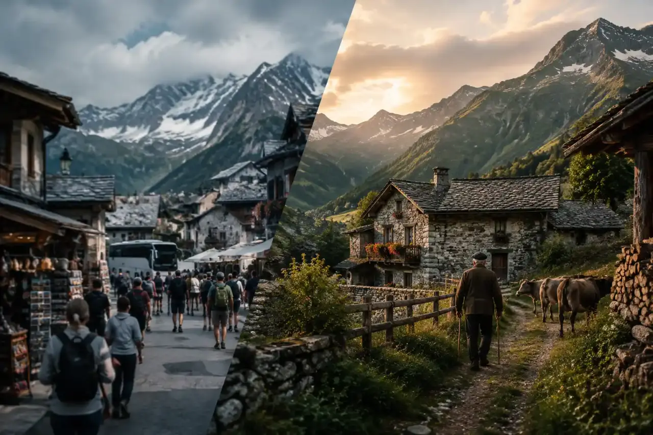 Village alpin en pierre accroché à une vallée verdoyante, entre montagnes et prairies