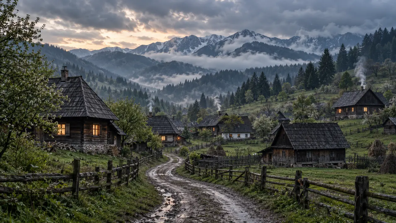Village traditionnel dans les Carpates, entouré de montagnes et de forêts