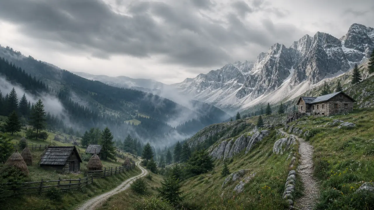 Paysage de montagne européen au lever du jour, ferme en pierre et collines verdoyantes