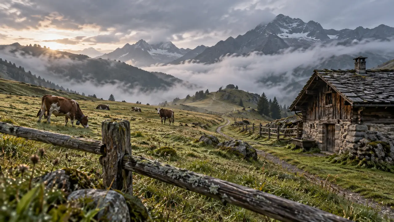Alpage alpin verdoyant au pied des sommets, avec un chalet traditionnel et des troupeaux