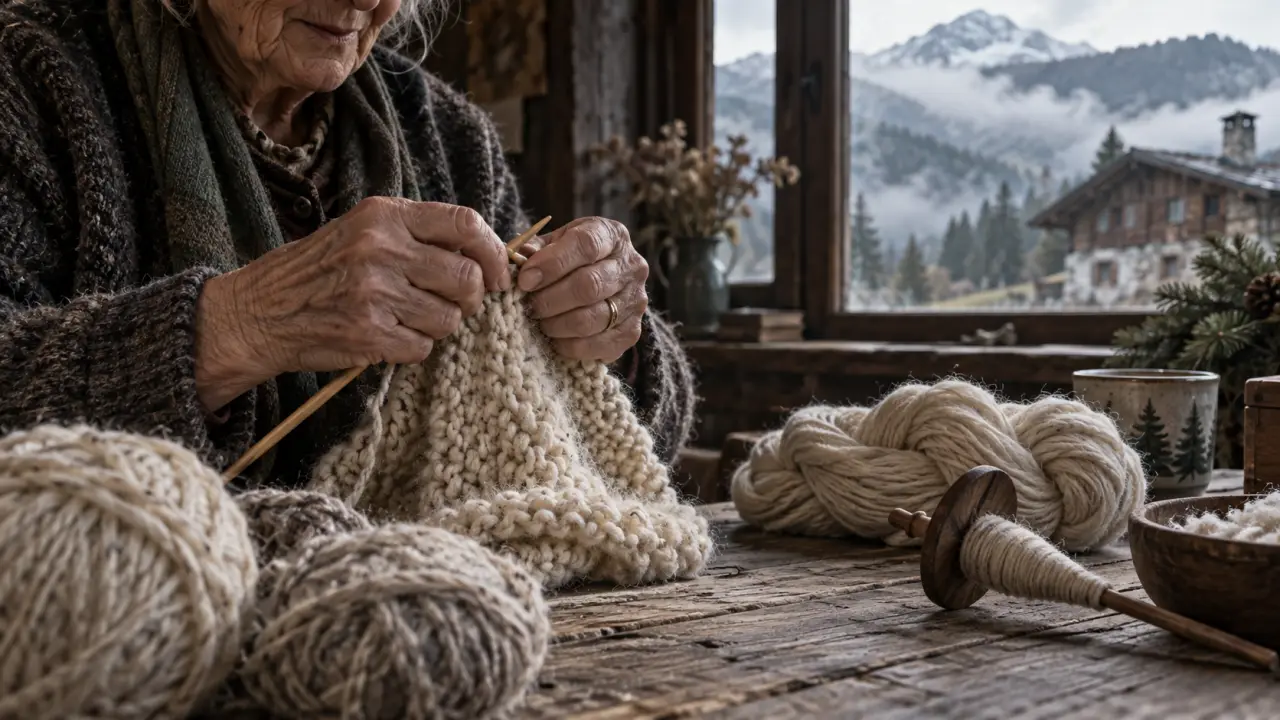 Pelotes de laine et tricot traditionnel dans un chalet alpin
