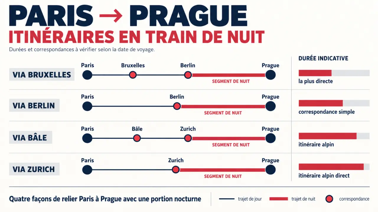 Itinéraires Paris-Prague train de nuit via Bruxelles, Berlin, Bâle et Zurich