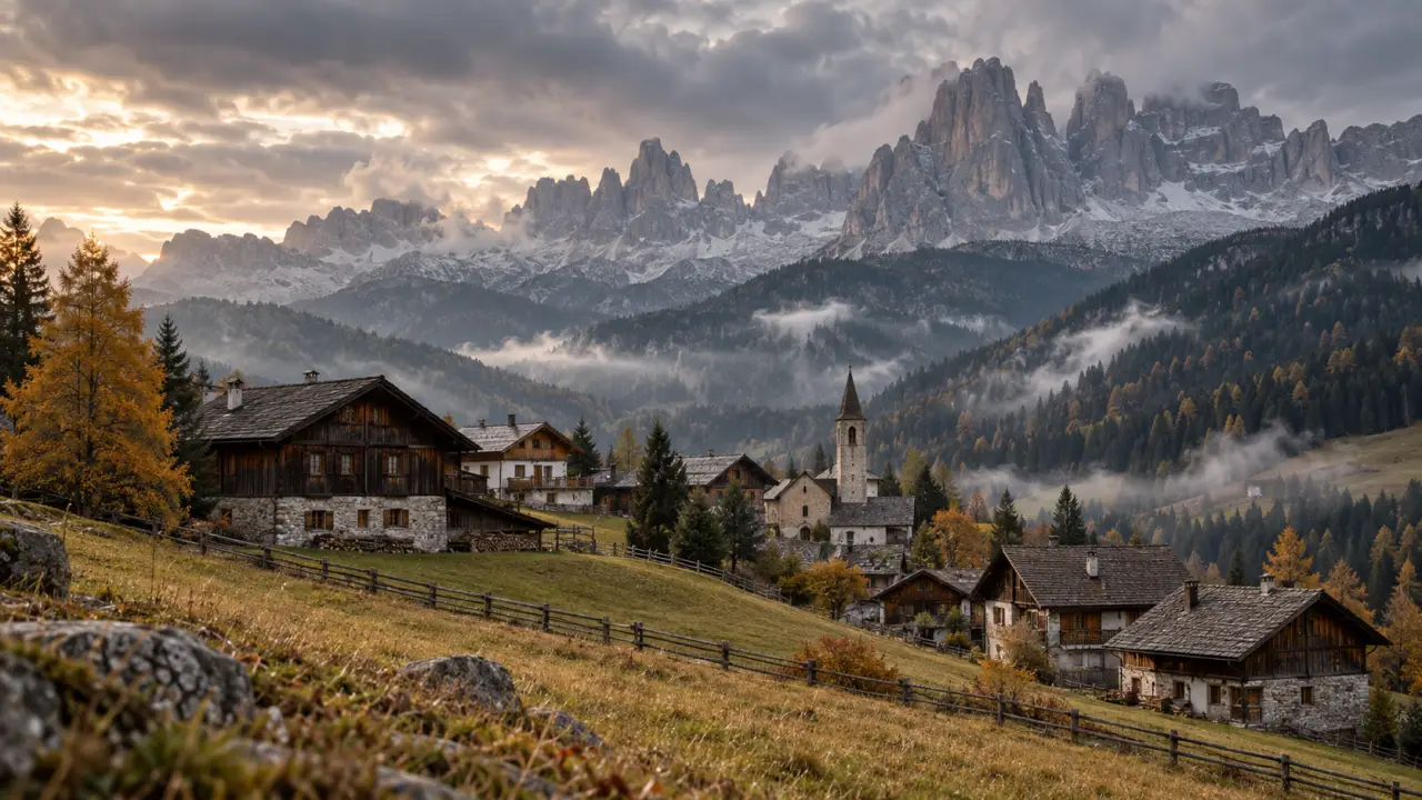 Village ladin entouré par les sommets des Dolomites