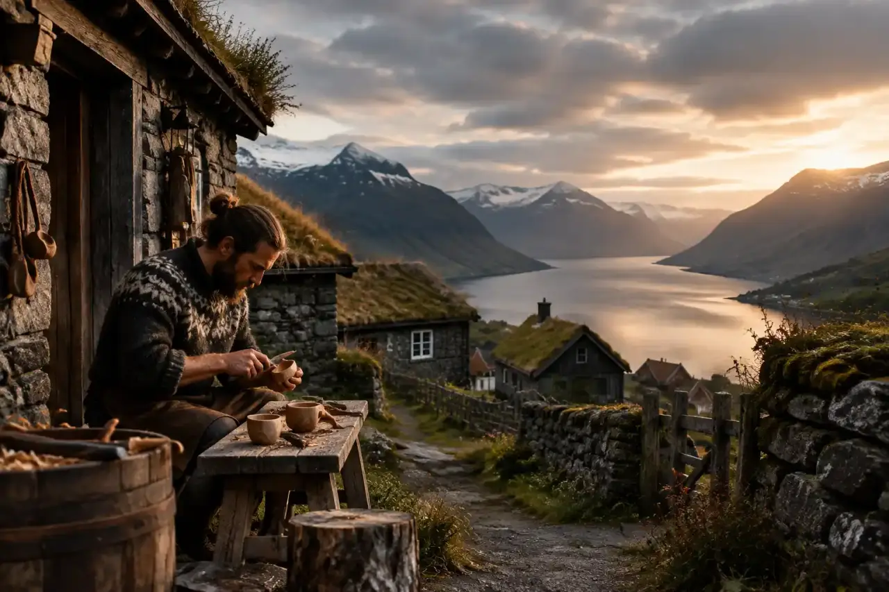 Village européen ancien entouré de collines, d'ateliers et de paysages ruraux
